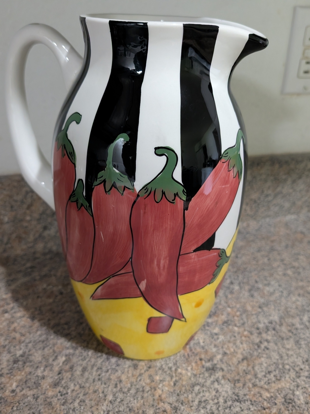 Hand-Painted Chili Pepper Ceramic Pitcher in Red, Black and Yellow